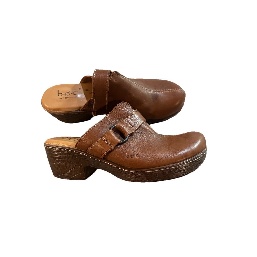 Born B.O.C Womens Brown Leather Mule Clog Heel Shoe Sandal Slip In Size 8